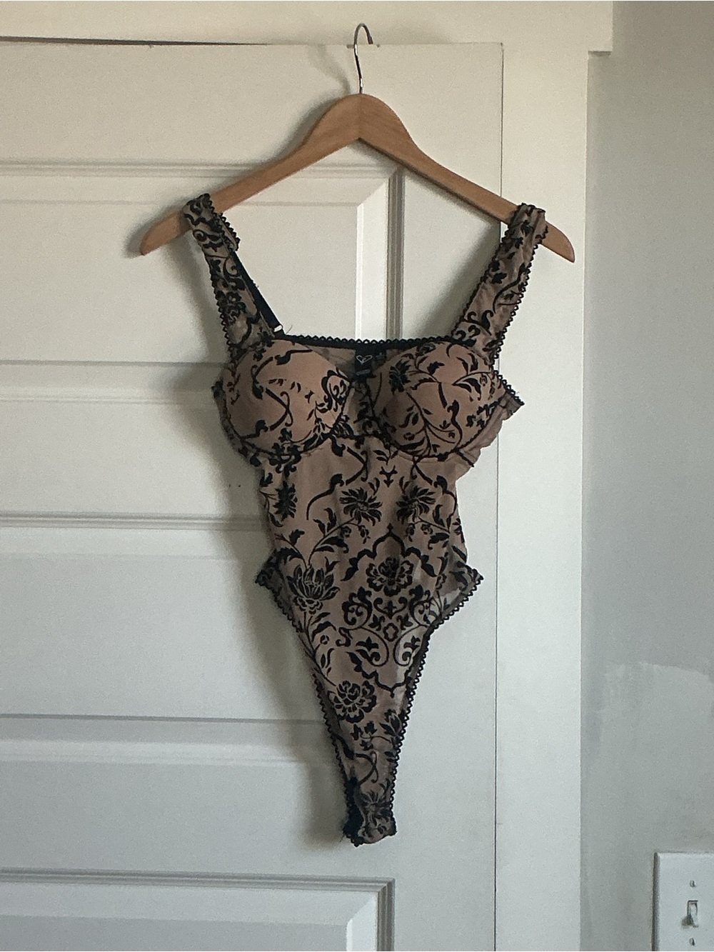 Windsor Nude Bodysuit with Black Velvet Floral Overlay